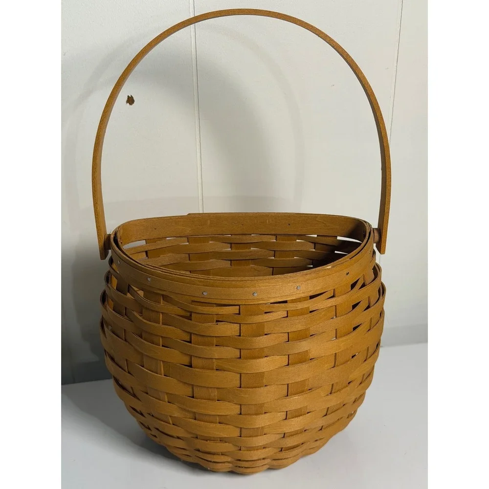 VTG Longaberger Basket Brown Woven Wood Single Handle Picnic Storage Decor